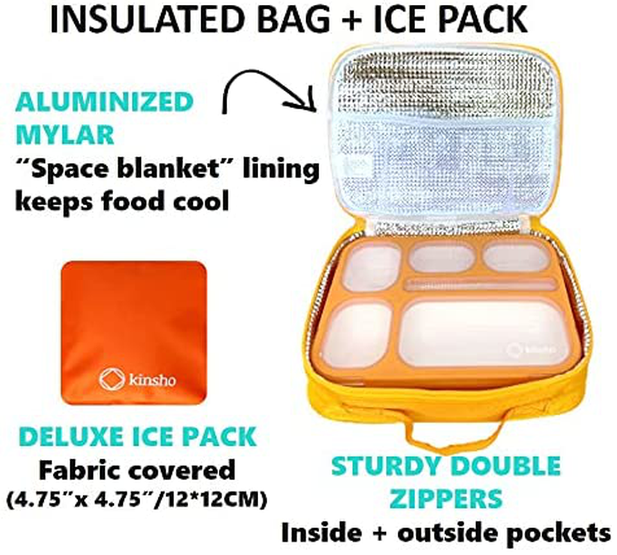 Bento-Box with Bag and Ice Pack Set. Lunch Boxes Snack Containers for Kids Boys Girls Adults. 6 Compartments, Leakproof Portion Container Boxes Insulated Bags for School Lunches, Blue