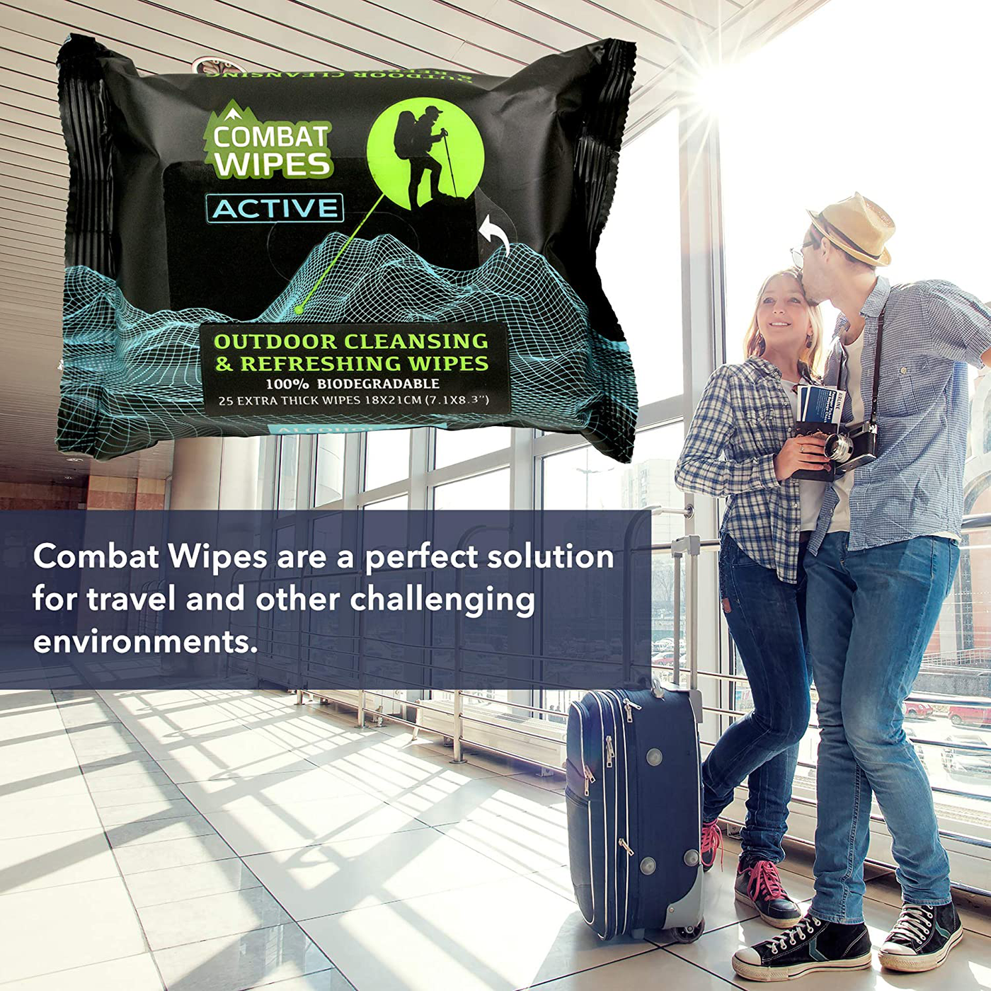 Combat Wipes ACTIVE Outdoor Wet Wipes | Extra Thick, Ultralight, Biodegradable, Body & Hand Cleansing/Refreshing Cloths for Camping, Gym & Backpacking w/ Natural Aloe & Vitamin E (25 WIpes)