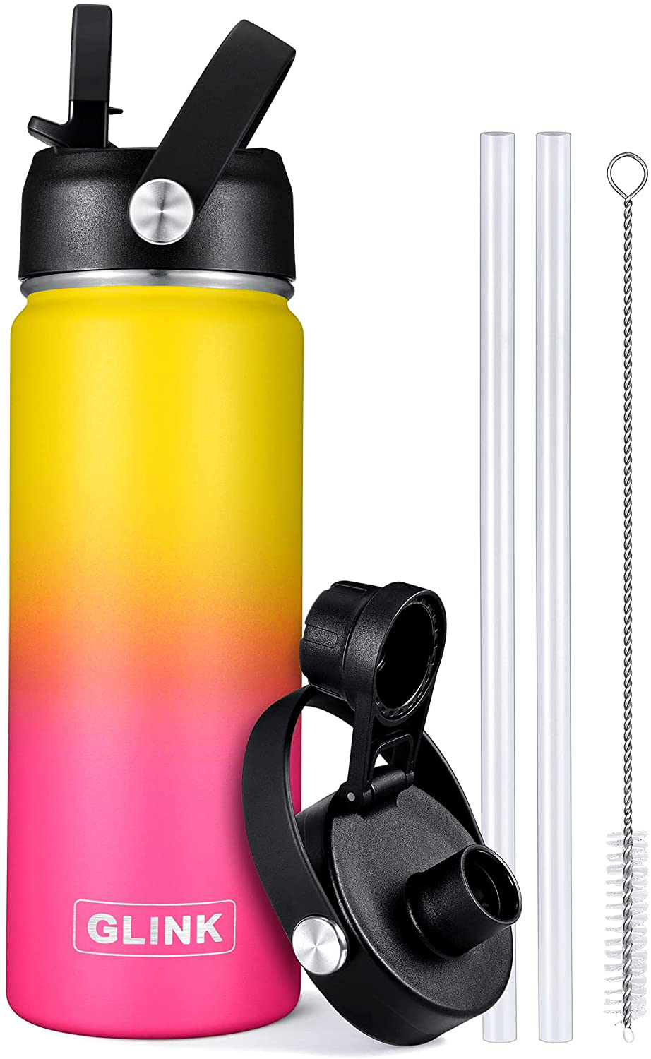 Glink Stainless Steel Water Bottle with Straw, 32oz Wide Mouth Double Wall Vacuum Insulated Water Bottle Leakproof, Straw Lid and Spout Lid with New Rotating Rubber Handle Aurora