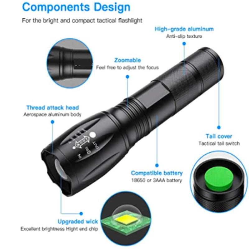 2 Pack 2000 Lumen Military Grade Water Resistant LED Tactical Flashlights With 5 Mode Functions 