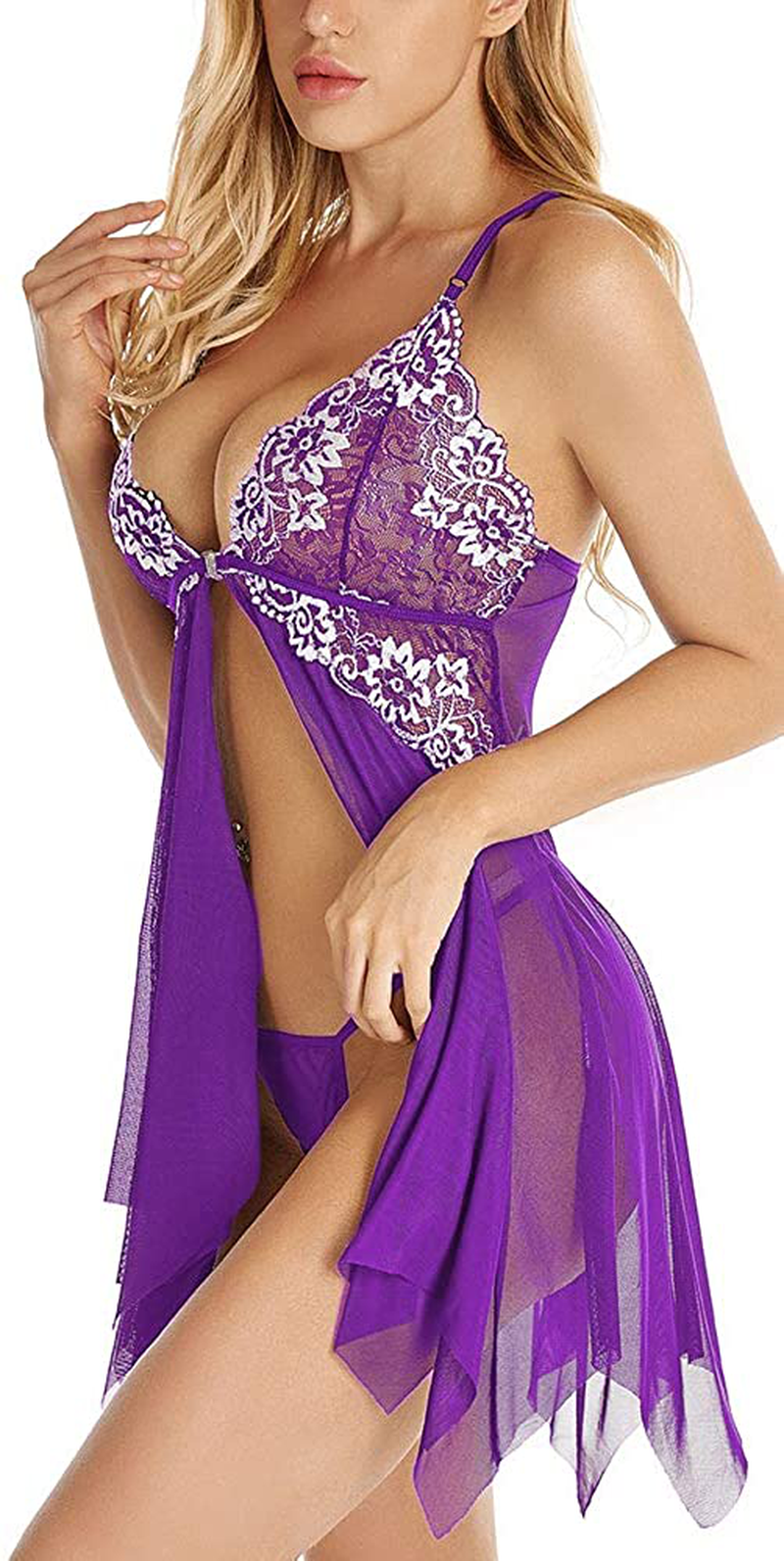 Lingerie for Women Front Closure Babydoll Lace Chemise V Neck Mesh Sleepwear