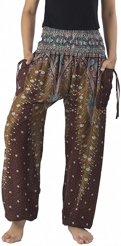 Lannaclothesdesign Women's Smocked Waist Peacock Print Harem Pants Hippie Bohemian Style