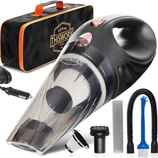 THISWORX Car Vacuum Cleaner - Portable, High Power, Handheld Vacuums w/ 3 Attachments, 16 Ft Cord & Bag - 12v, Auto Accessories Kit for Interior Detailing - Black