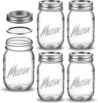 Regular-Mouth Glass Mason Jars, 16-Ounce (5-Pack) Glass Canning Jars with Silver Metal Airtight Lids and Bands with Measurement Marks, for Canning, Preserving, Meal Prep, Overnight Oats, Jam, Jelly,