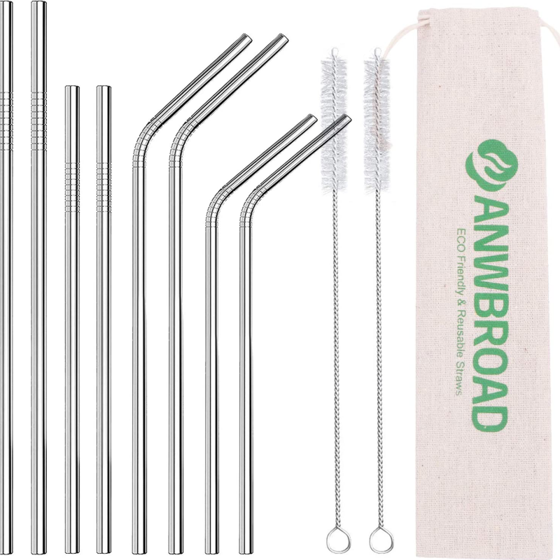 8 Pack Reusable Stainless Steel Drinking Straw Set With 2 Cleaning Brushes