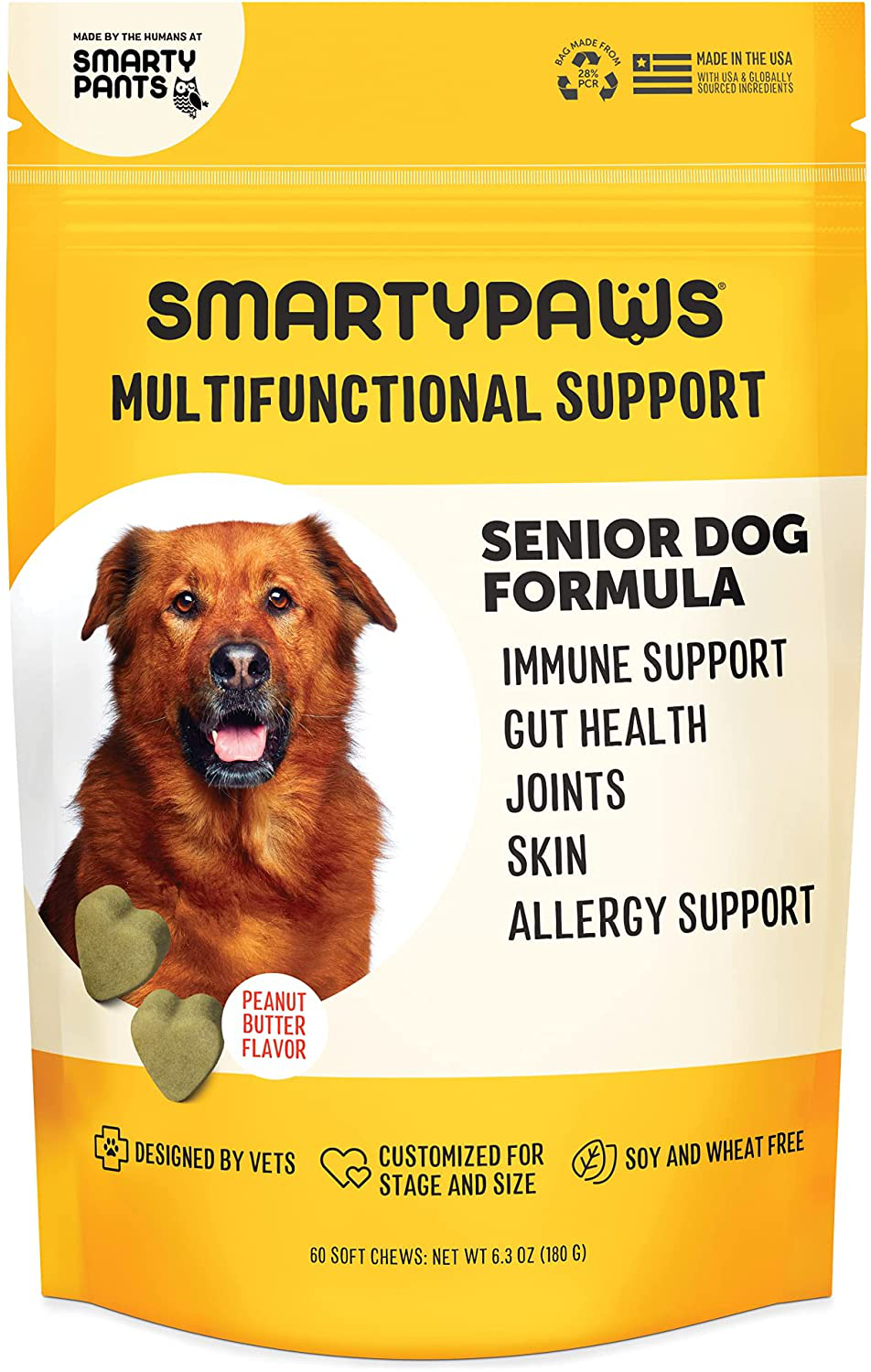 SmartyPants Dog Vitamins and Supplements, Multivitamin with Glucosamine, Chondroitin, & Probiotics for Joint, Skin, & Gut Support, Peanut Butter Flavor, 60 Soft Chews by SmartyPaws