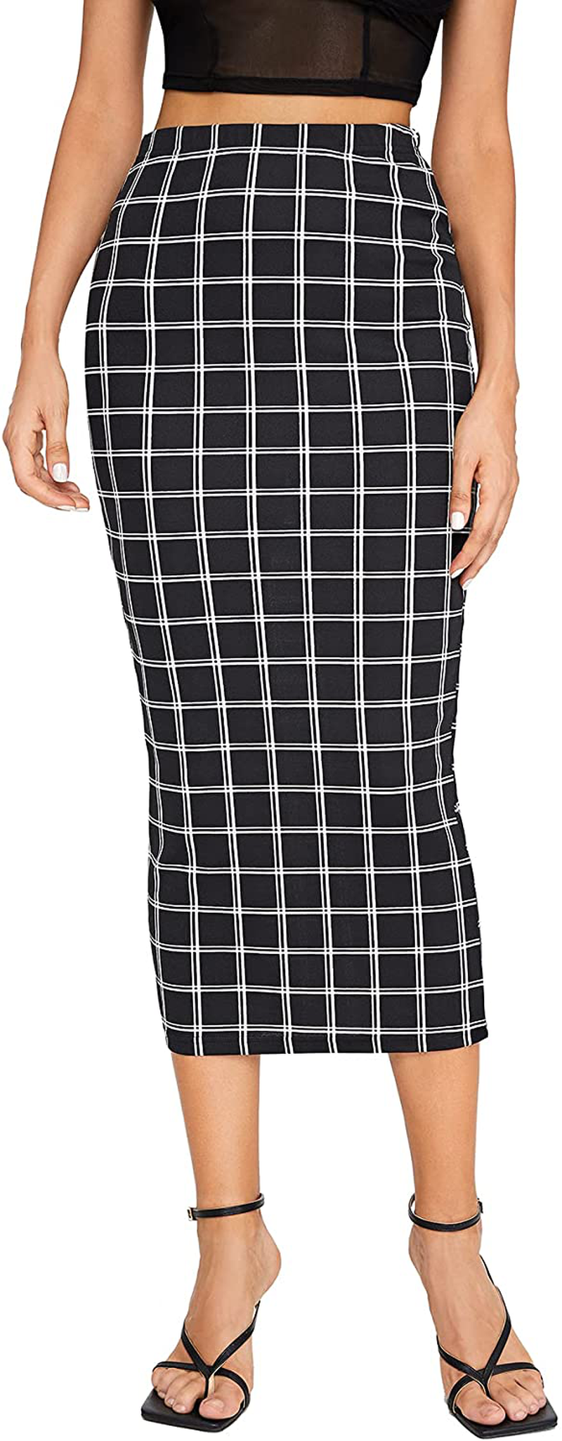 Verdusa Women's Elegant Plaid Elastic Waist Bodycon Midi Skirt