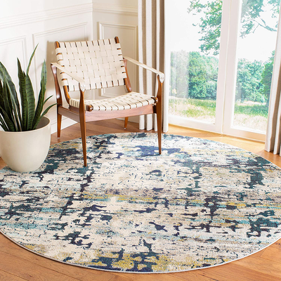 Safavieh Madison Collection MAD469B Modern Abstract Non-Shedding Dining Room Entryway Foyer Living Room Bedroom Area Rug, 5' x 5' Round, Cream / Blue