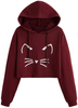 Women's Casual Cat Print Long Sleeve Crop Top Sweatshirt Hoodies