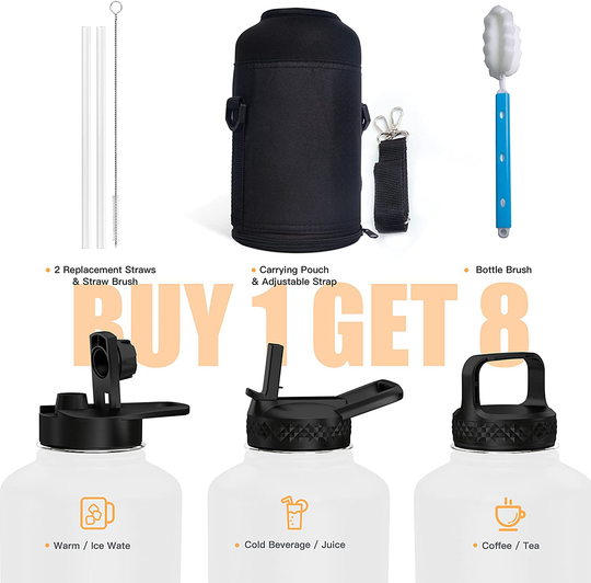 64 oz Insulated Water Bottle, Topre Half Gallon Vacuum Stainless Steel Sports Water Jug with 3 Lids & Brushes, BPA-free Reusable Triple Walled Thermo Mug Canteen for Sports Outdoor Camping, Black