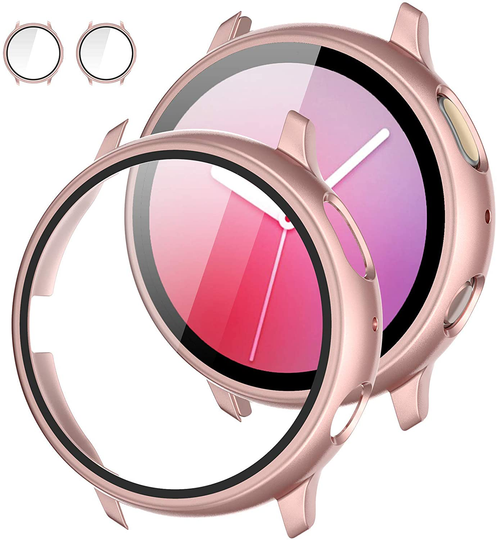 2 Pack Tempered Glass Screen Protector Cover Compatible with Samsung Galaxy Watch Active 2 44mm 40mm, Bumper Full Around Cover for Samsung Galaxy Watch Active2 44 40 