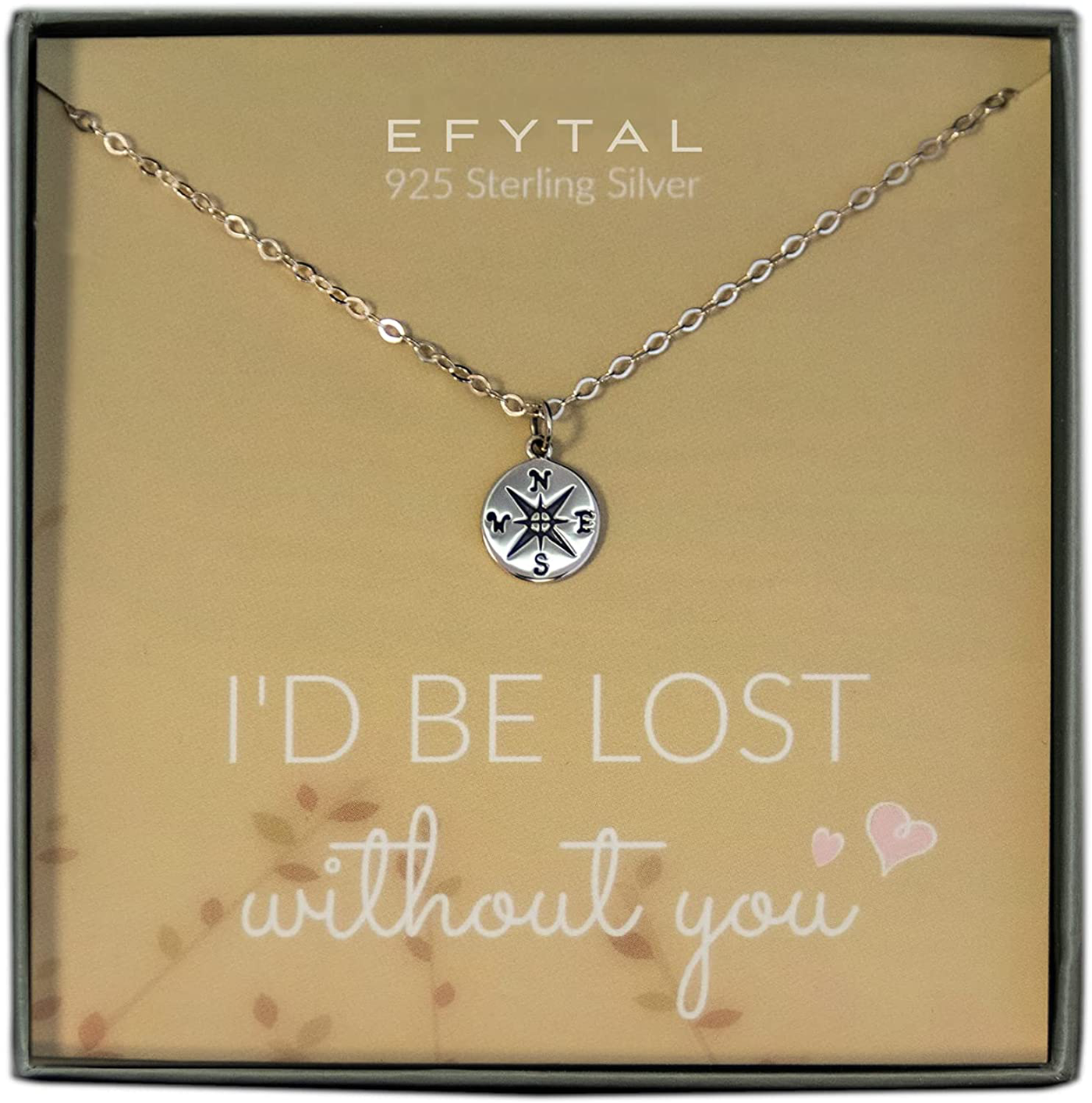 EFYTAL Necklace Gift for Girlfriend / Wife, Sterling Silver Cute I Love You Compass Heart Jewelry For Her, I'd Be Lost Without You Valentines Day, Romantic Anniversary Birthday Gift Ideas