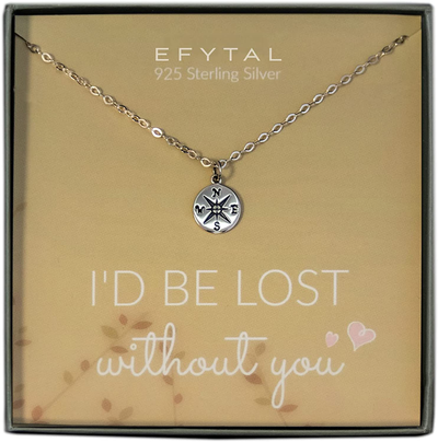 EFYTAL Necklace Gift for Girlfriend / Wife, Sterling Silver Cute I Love You Compass Heart Jewelry For Her, I'd Be Lost Without You Valentines Day, Romantic Anniversary Birthday Gift Ideas