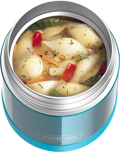 THERMOS FUNTAINER 10 Ounce Stainless Steel Vacuum Insulated Kids Food Jar with Folding Spoon, Grey And Aqua Waves