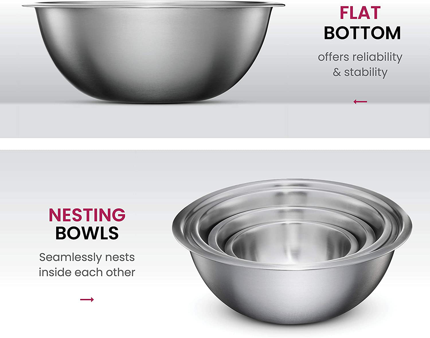 Stainless Steel Mixing Bowls (Set of 5) Stainless Steel Mixing Bowl Set - Easy To Clean, Nesting Bowls for Space Saving Storage, Great for Cooking, Baking, Prepping