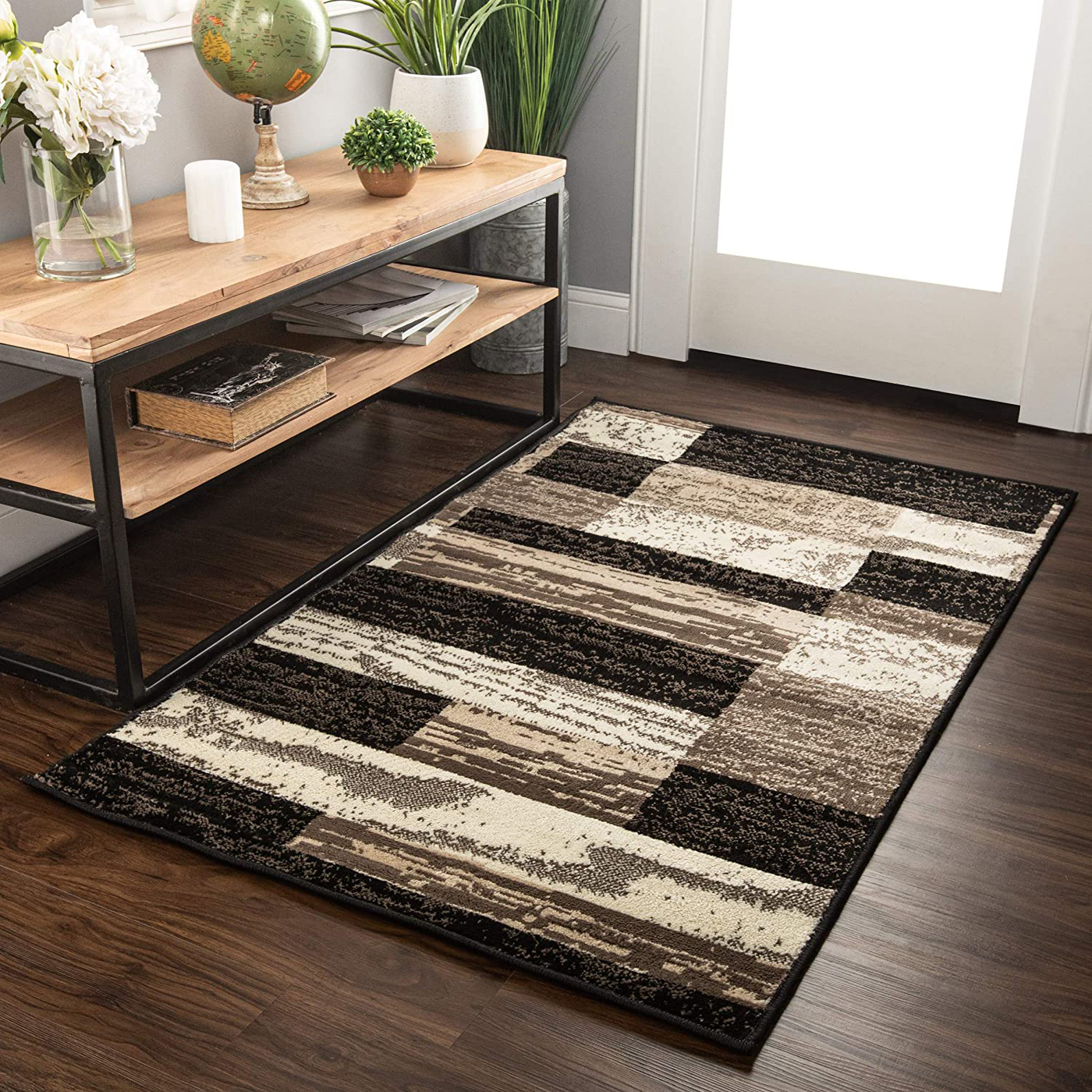 SUPERIOR Rockwood Modern Geometric Patchwork Polypropylene Indoor Area Rug or Runner with Jute Backing, 2'6" X 10', Chocolate