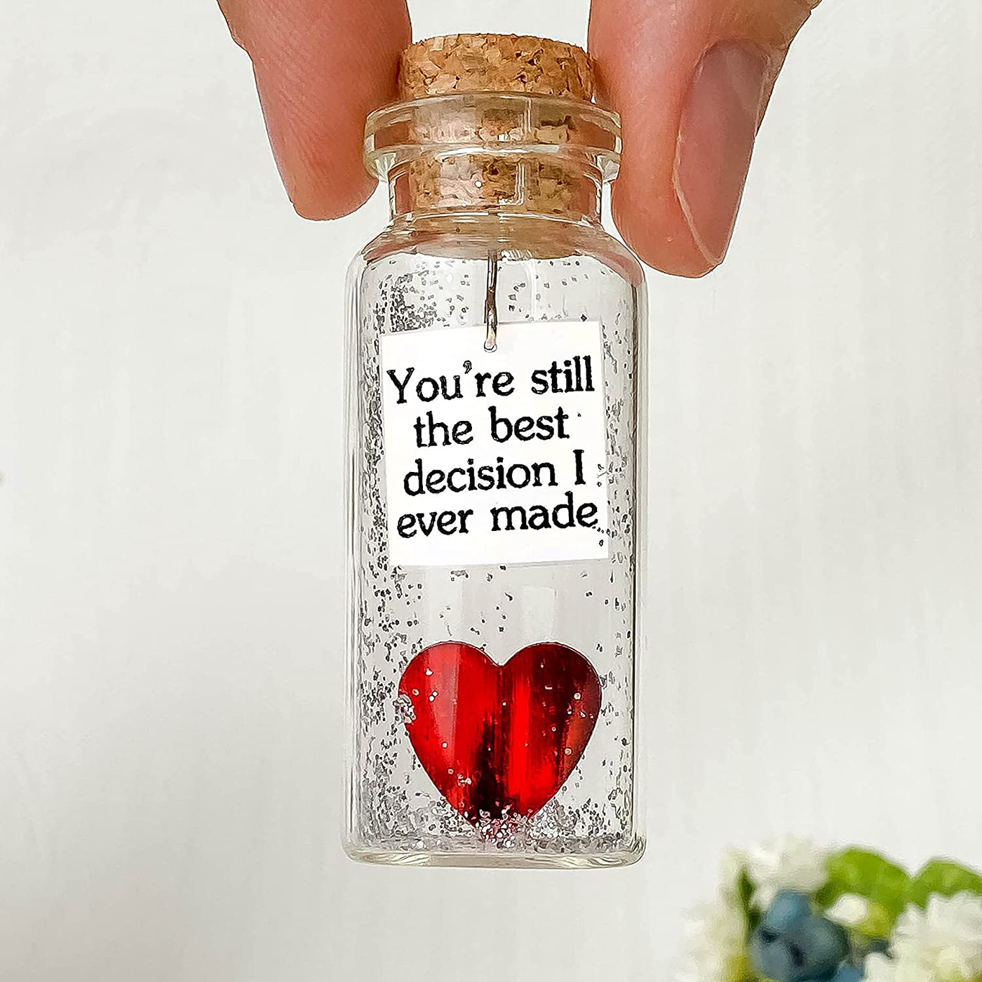 Heart and Message in a Bottle Love Present, Romantic Decoration for Boyfriend or Girlfriend, Anniversary Wish Jar with Card (Red Heart in a Bottle, You're Still the Best Decision I Ever Made)