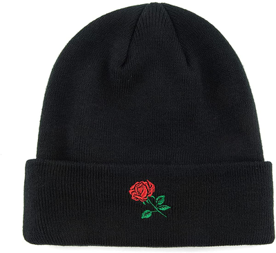 AUNG CROWN Beanie Rose Embroidered Knit Hats Caps for Men Women Black (Beanie)