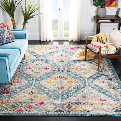 Safavieh Madison Collection MAD418K Boho Diamond Distressed Non-Shedding Stain Resistant Living Room Bedroom Area Rug, 3' x 3' Round, Blue / Yellow