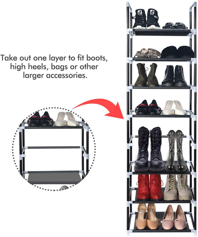 ERONE Shoe Rack Organizer 8 Tiers, Stackable and Durable Shoe Shelf Storage 16 pairs Metal Shoe Tower Space Saving 18" x 11.9" x 57.7"(Black)