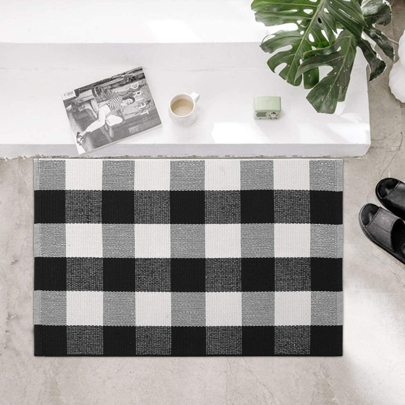 Buffalo Plaid Check Rug, KIMODE Black/White Cotton Woven Outdoor Rugs 18'' x 28'', Farmhouse Washable Layered Door Mats for Porch/Kitchen/Bathroom