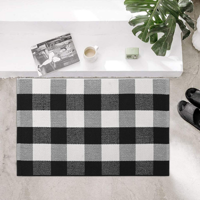 Buffalo Plaid Check Rug, KIMODE Black/White Cotton Woven Outdoor Rugs 18'' x 28'', Farmhouse Washable Layered Door Mats for Porch/Kitchen/Bathroom