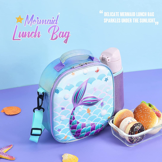 Mermaid Lunch Bag - 3D Insulated Lunch Box for Girls School Picnic Shopping Lunch Shiny Crossbody Waterproof Reusable Lunch Thermal Tote Handbag with Detachable Strap