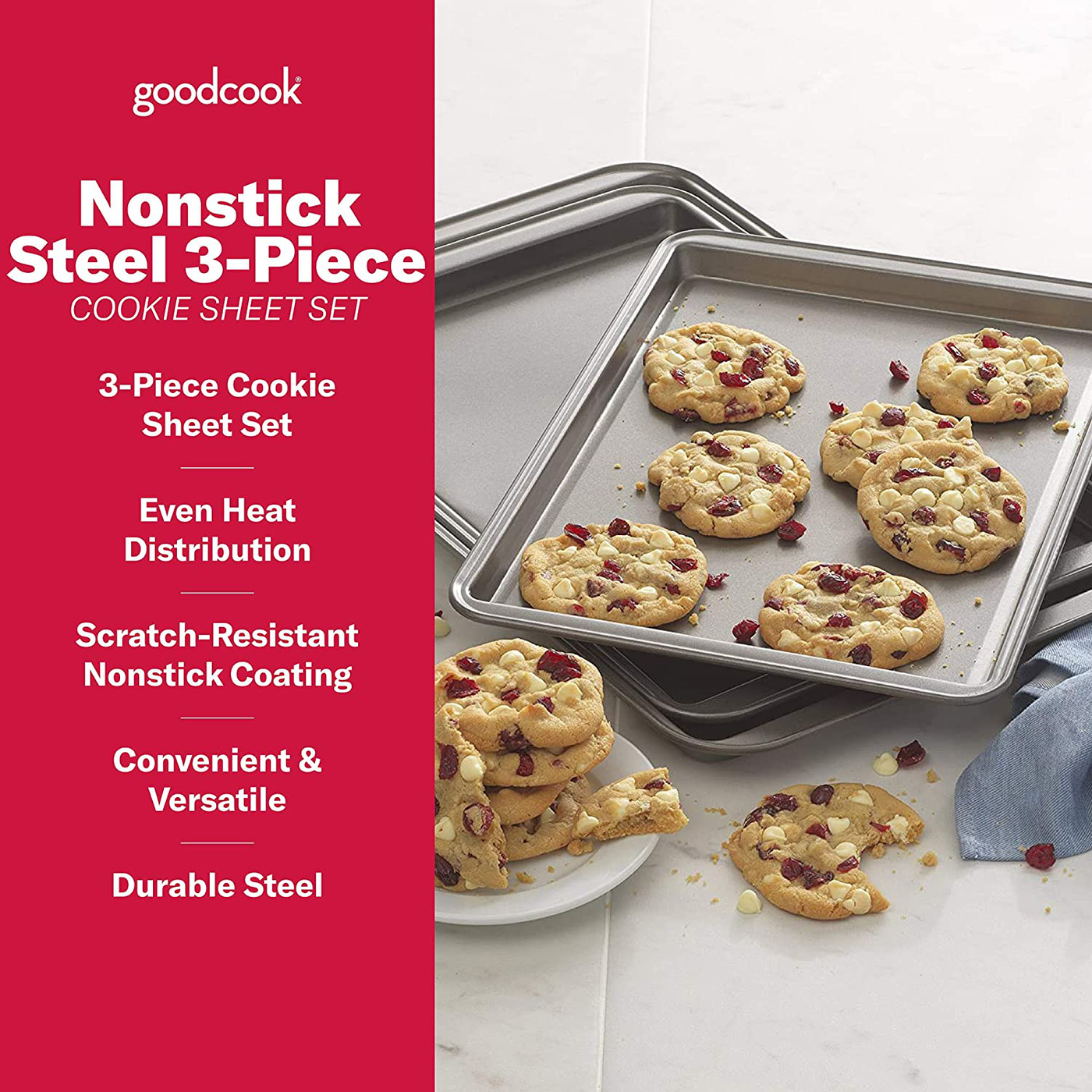 goodcook Steel Nonstick Bakeware, 3 Piece Cookie Sheet Set, multicolor