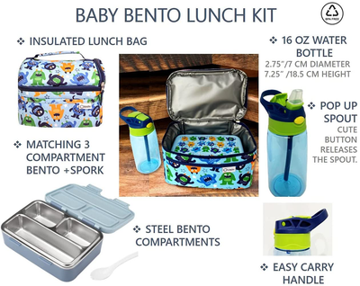 Stainless Steel Bento Box, Lunch Bag and Water Bottle Set for Toddler Girls. Kids Snack Container for Baby Daycare, Pre-School Lunches. Purple Unicorn