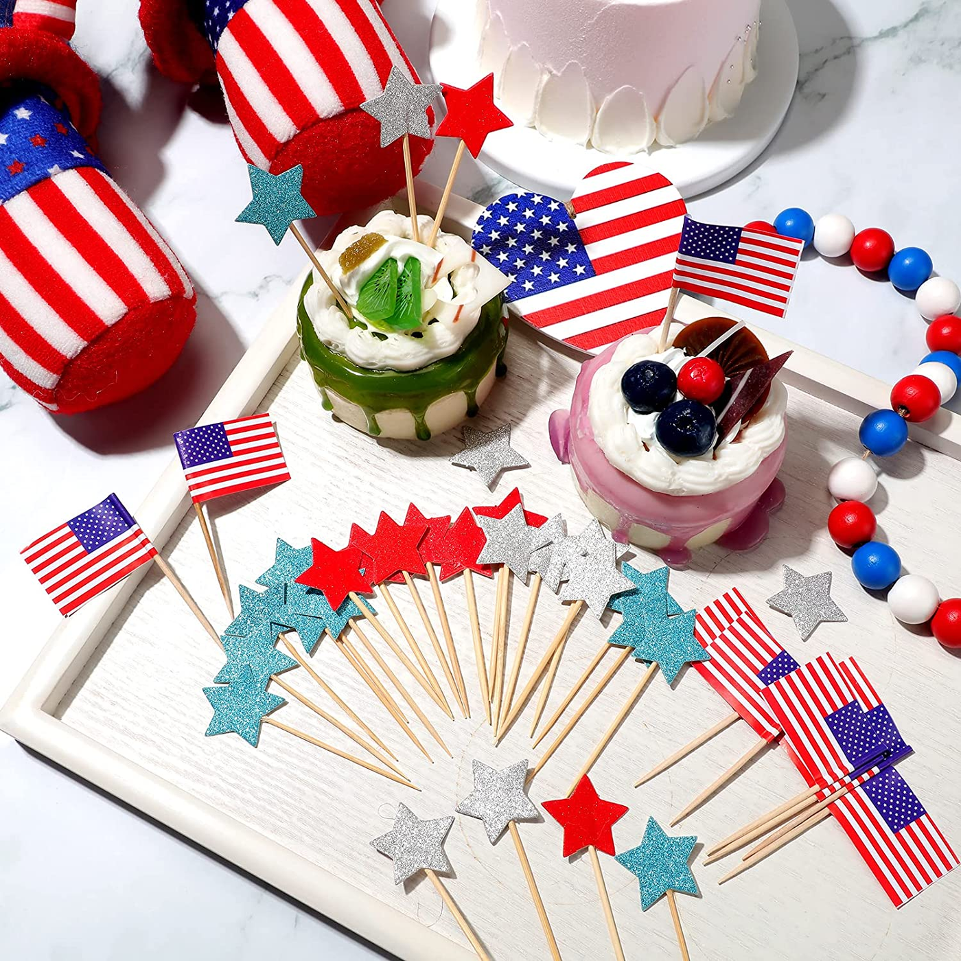 190 Pcs 4th of July Cupcake Toppers 100 American Flag Cupcake Toppers with 90 Glitter Star Cupcake Toppers