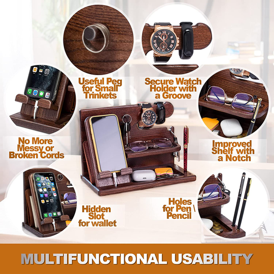 TESLYAR Wood Phone Docking Station Ash Key Holder Wallet Stand Watch Organizer Men Gift Husband Wife Anniversary Dad Birthday Nightstand Purse Father Graduation Male Travel Idea Gadgets