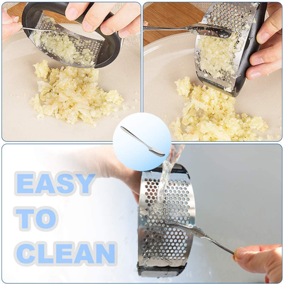 DXYD Garlic Press Rocker, New Kitchen Stainless Steel Garlic Mincer Crusher, Matching Stainless Steel Dessert Spoon and Silicone Roller Peeler and Cleaning Brush