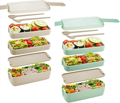 Bento Box for Adults Kids, 3-In-1 Meal Prep Container, 900ML Janpanese Lunch Box with Compartment, Wheat Straw, Leak-proof, Spoon & Fork, BPA-free 2 Pack (Beige+Green)