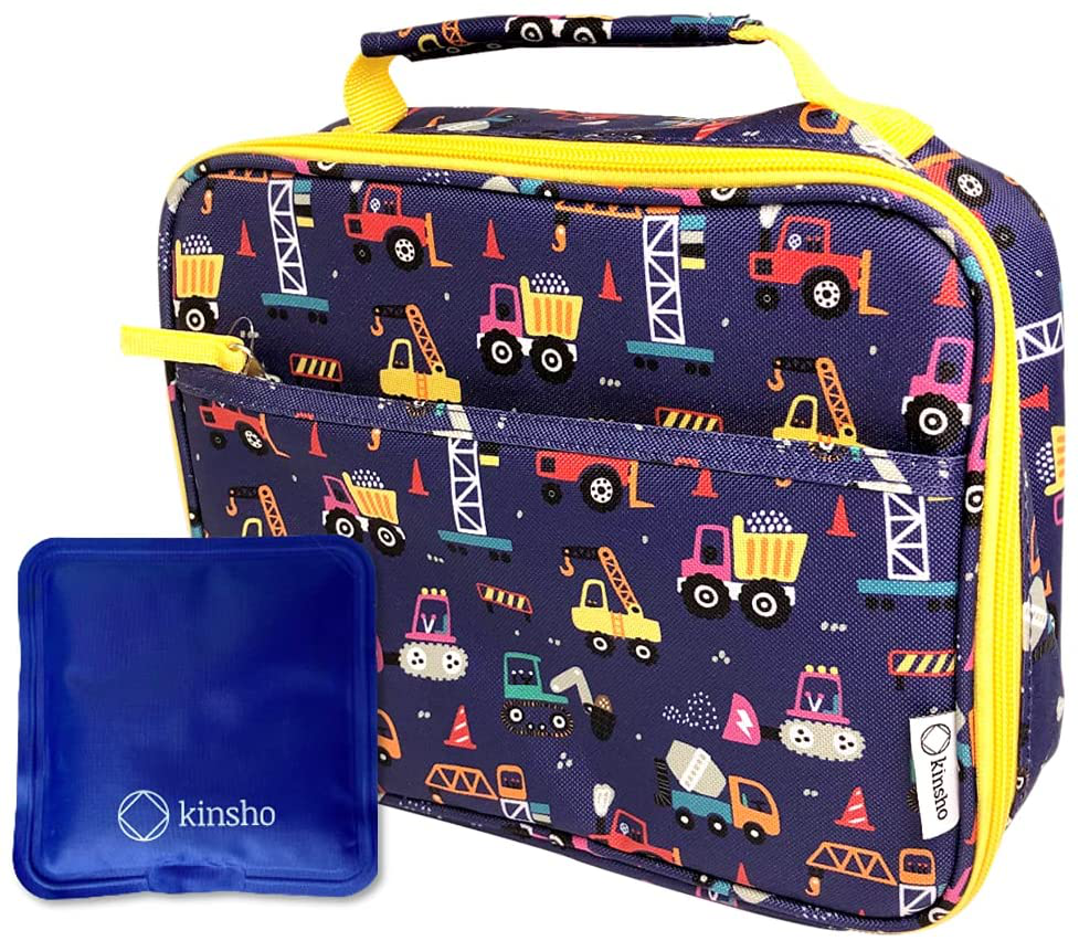 Truck Lunch Box with Ice Pack for Boys, Insulated Bag for Toddlers Kids Baby Boy Daycare Pre-School Kindergarten, Container Boxes for Small Kid Snacks Lunches, BPA Free, Blue Construction Trucks