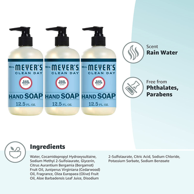 Mrs. Meyer's Clean Day Liquid Hand Soap, Cruelty Free and Biodegradable Hand Wash Formula Made with Essential Oils, Rain Water Scent, 12.5 oz - Pack of 3