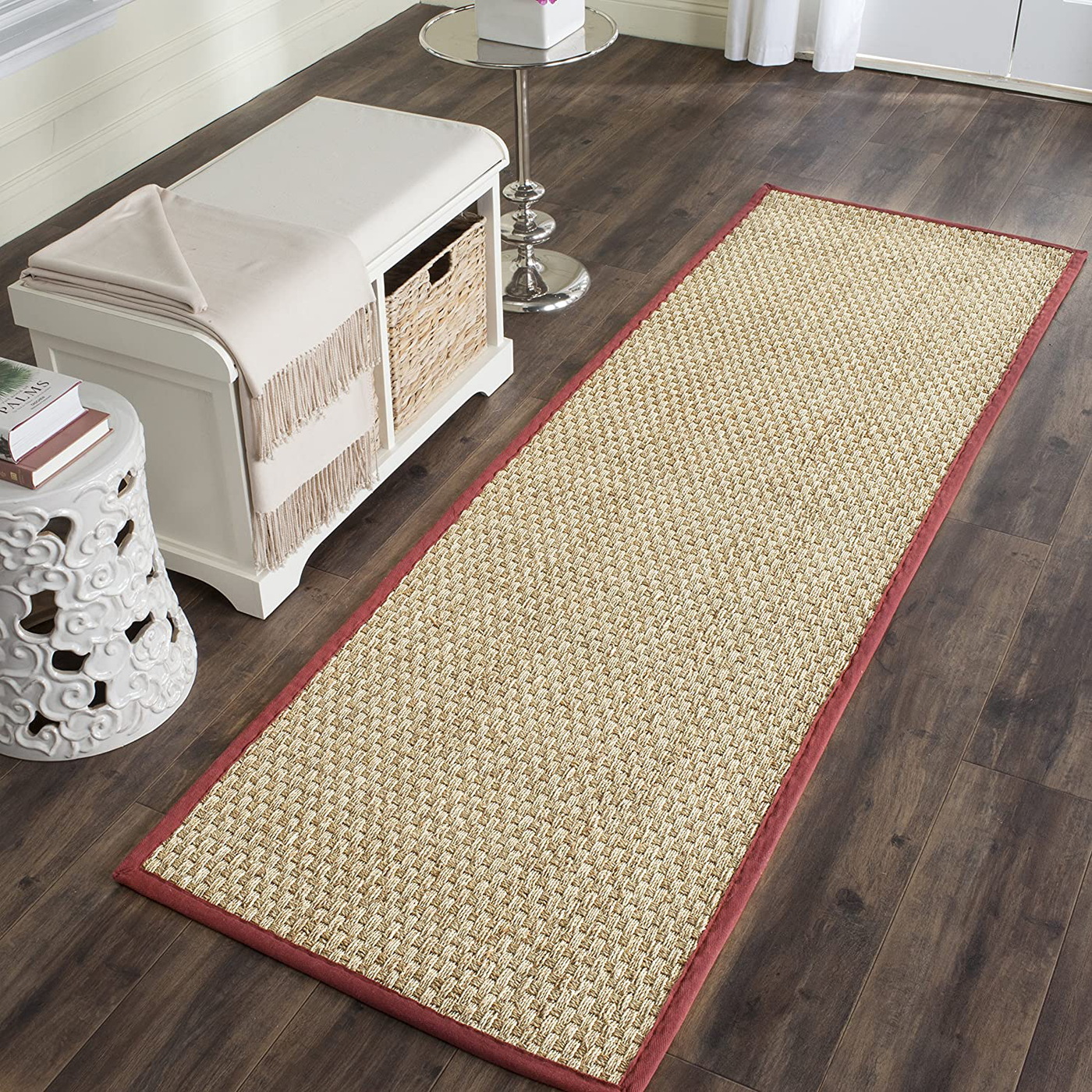 Safavieh Natural Fiber Collection NF114D Border Basketweave Seagrass Runner, 2'6" x 8' , Red