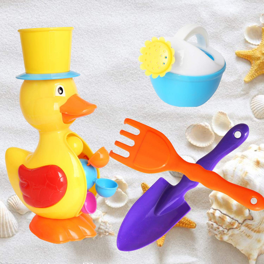 OUFOTAT Beach Toy Set for Kids - Including Shovel, Rake, Watering Can and Duck Waterwheel Random Color, Indoor Outdoor Sand Play Toys for Boys and Girls (4PCS Beach Toys 6231)