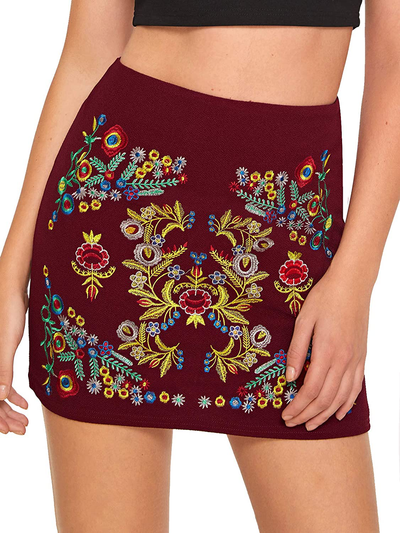 SheIn Women's Casual Floral Embroidered Bodycon Short Mini Skirt