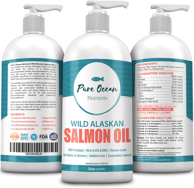 Pure Ocean Nutrients Wild Alaskan Salmon Oil for Dogs and Cats; Natural Supplement with Omega 3's to Support Joint, Heart, and Immune Health; Promotes a Shiny Soft Coat and Healthy Skin