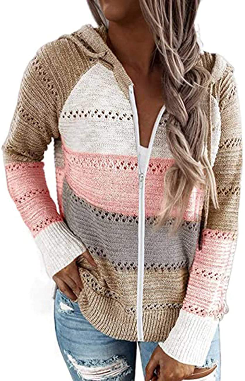 MAYFASEY Women's Color Block Striped Hoodies Sweater Long Sleeve Casual Loose Knitted Pullover Sweatshirt Tops