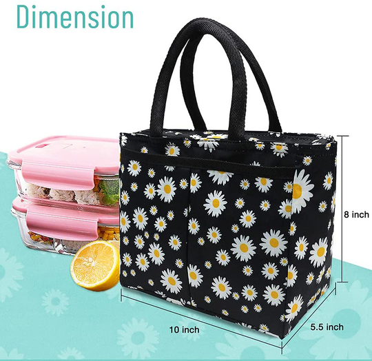 Lunch Bags for Women and Girls Cute Lunch Tote Bag Daisy Lunch Box with a Placement for Work School,Black