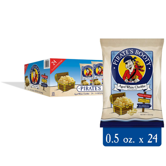 Pirate's Booty Aged White Cheddar Cheese Puffs, 24ct, 0.5oz Snack Size Bags, Gluten Free, Healthy Kids Snacks, 100 Calorie Snack Packs