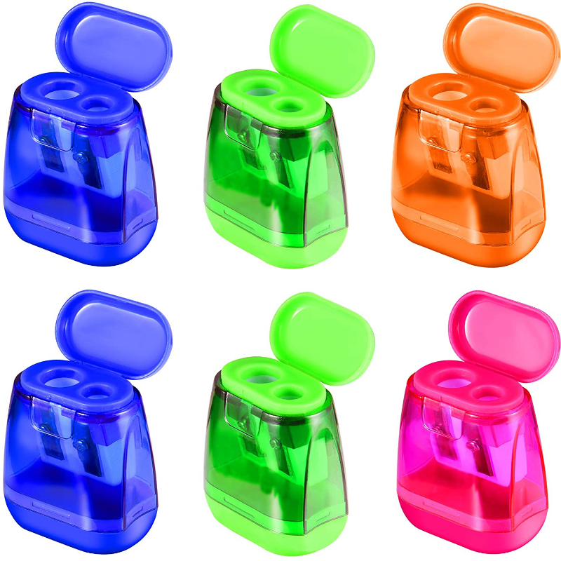 Manual Pencil Sharpeners, 6PCS Dual Holes Sharpener with Lid for Kids, Handheld Pencil Sharpener for School Home Office Supply Colorful