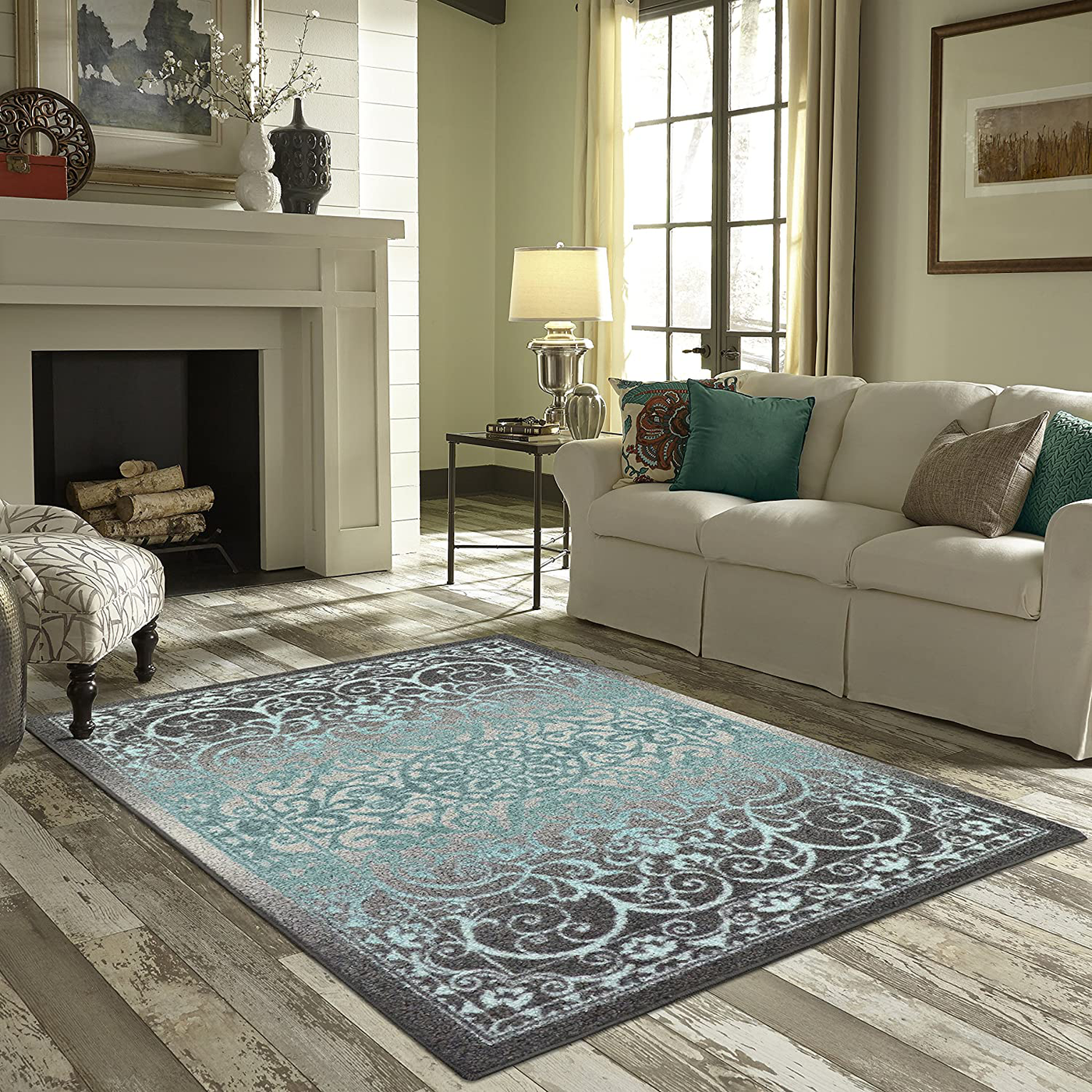 Maples Rugs Pelham Vintage Kitchen Rugs Non Skid Washable Accent Area Carpet [Made in USA], 1'8 x 2'10, Charcoal/Radiant Blue