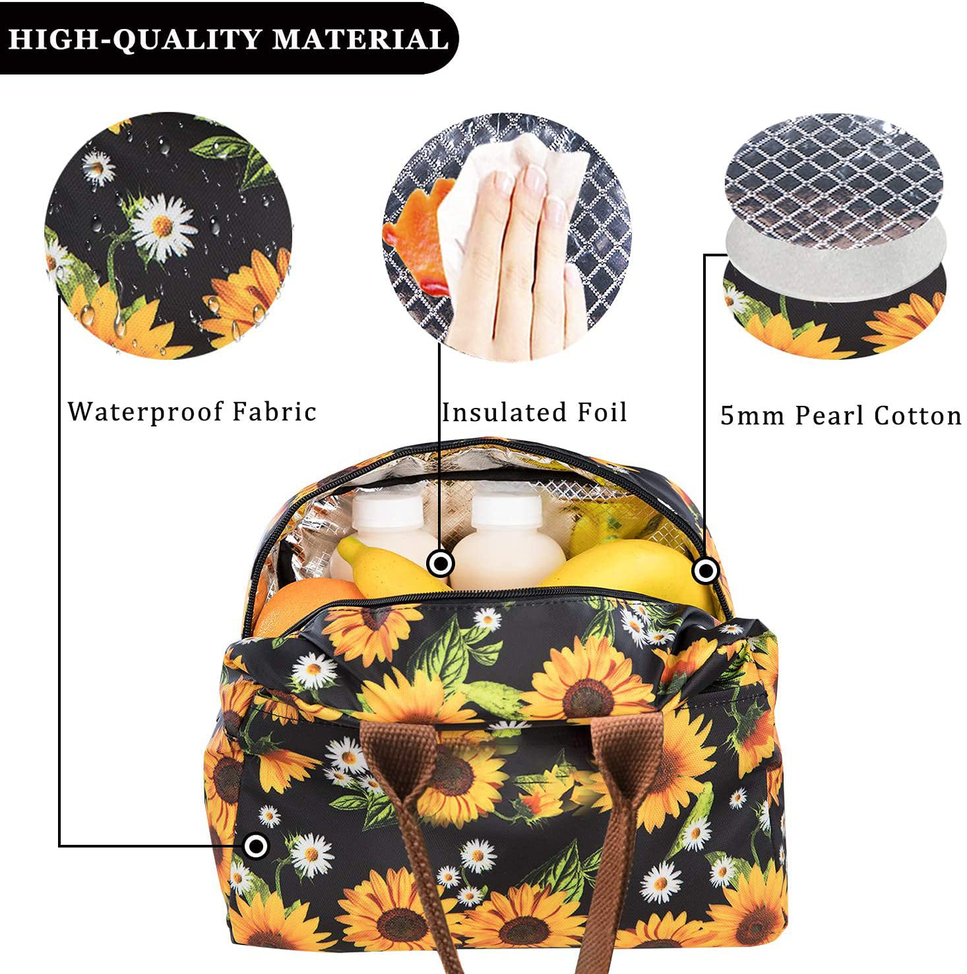 Lunch Bags for Women Insulated Lunch Box Cooler Tote Bag with Front Pocket Reusable Lunch Bag for Men Adults Girls Work Hiking Picnic - Sunflower