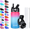 Glink Stainless Steel Water Bottle with Straw, 12oz Wide Mouth Double Wall Vacuum Insulated Water Bottle Leakproof, Straw Lid and Spout Lid with New Rotating Rubber Handle Sunset Glow