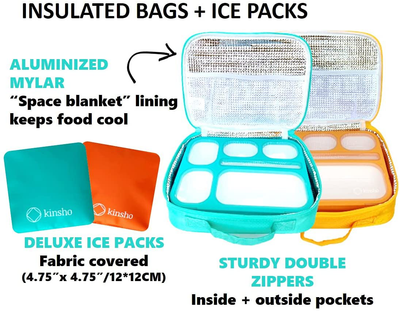 Kid Bento Lunch Box with Bag, Ice Packs | 2 Boxes & Bags & Cold Pack for Kids Adults | Value Container Set for School Lunches, 6 Compartments Leakproof BPA Free, Two Blue & Pink