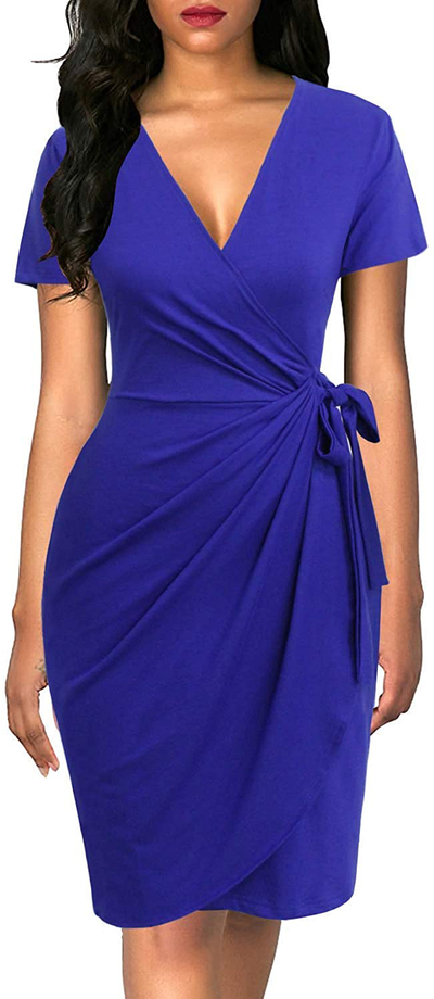 Lyrur Women's Classic V-Neck Casual Party Knee Length Sheath Work Short Sleeve Faux Black Wrap Dress