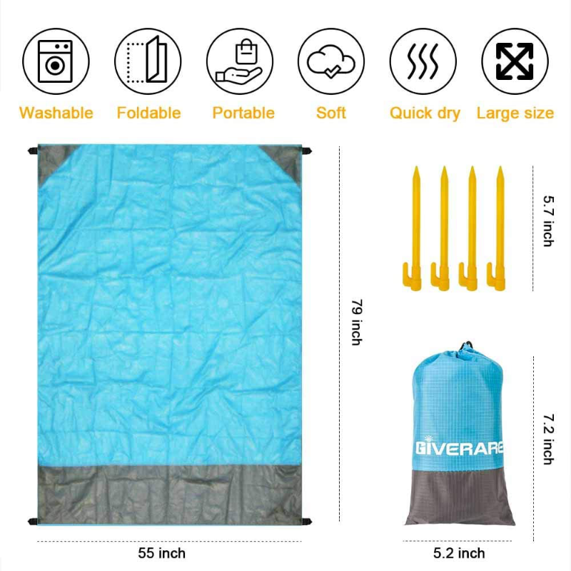 Quick-Dry Sand Resistant Waterproof  Beach Blanket With 4 Stakes & 4 Corner Pockets 