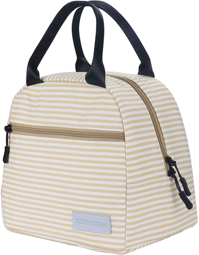 KONNITIHA Lunch Bag Reusable Large Insulated，Adult Tote Box with Two Pockets For Woman Man Work，Office，School, Picnic or Travel (Yellow stripes)